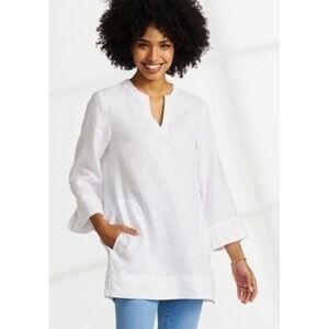 LANDS' END Womens 100 % Linen Tunic Medium Pockets White Split Neck Coastal